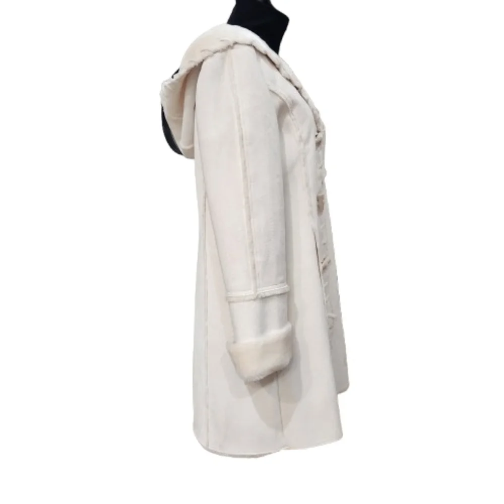 Vtg Coldwater Creek Ivory Whipstitch Faux Shearling Hooded Toggle Coat W Medium
